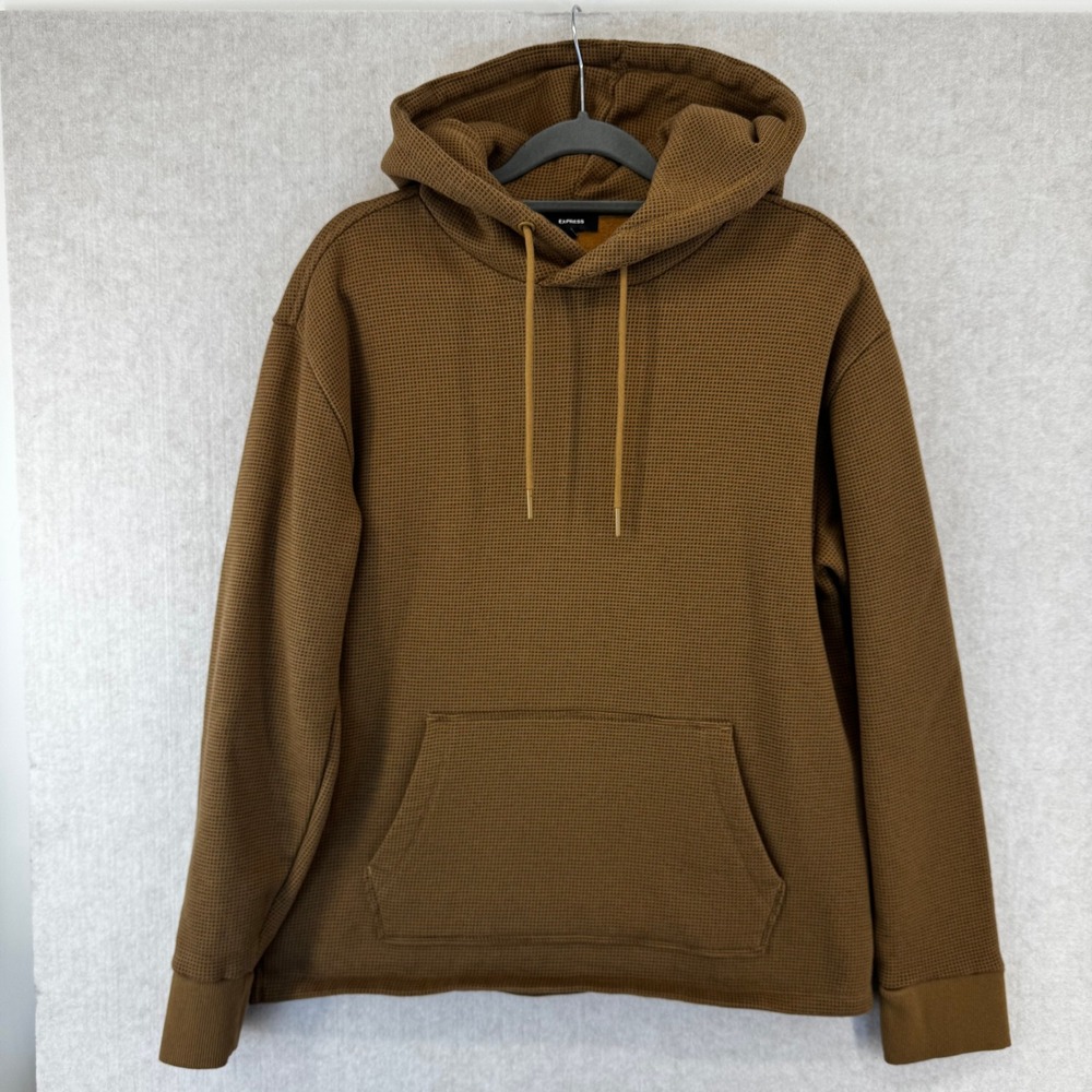 Express Mens Small Waffle Knit Fleece Lined Hoodie Brown Thermal Sweatshirt